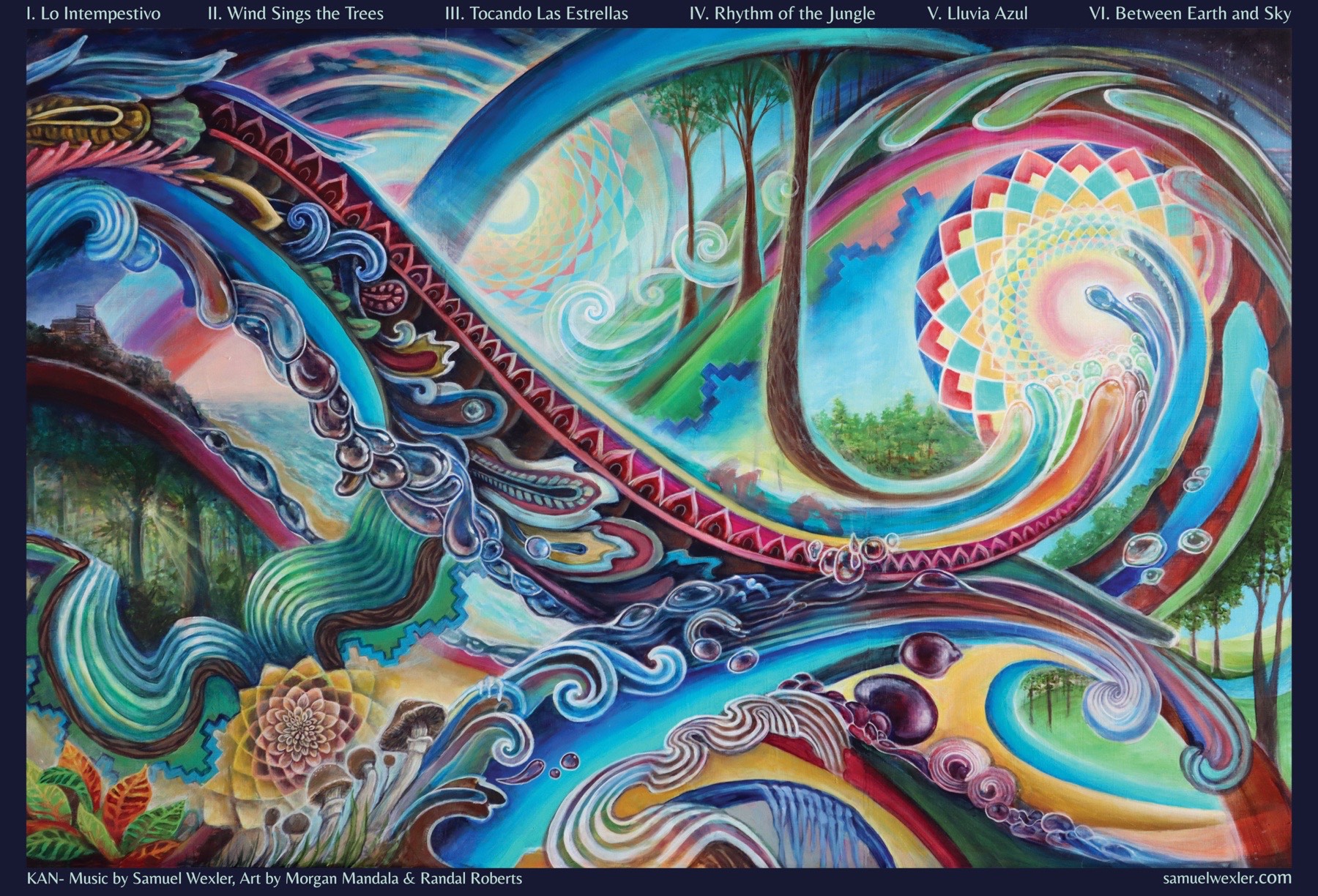 KAN album artwork by Morgan Mandala and Randal Roberts. Interwoven ribbons of color running through forest, water and sky, with the six movement titles printed along the top.